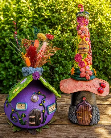 Two whimsical fairy houses built onto bottles, with sculpted clay doors, windows and toadstools in purple and pink