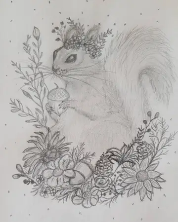 Graphite sketch of a squirrel surrounded by wildflowers