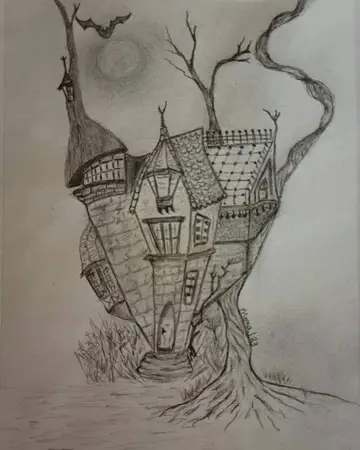 Graphite sketch of a whimsical house built into the trunk of a tree