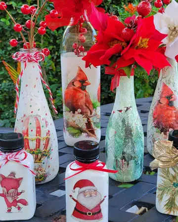 Holiday bottles with Santa figures and red poinsettias