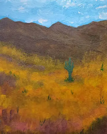Acrylic landscape painting of golden hills under a blue sky