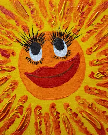 Bold acrylic painting of a smiling sun in oranges and yellows