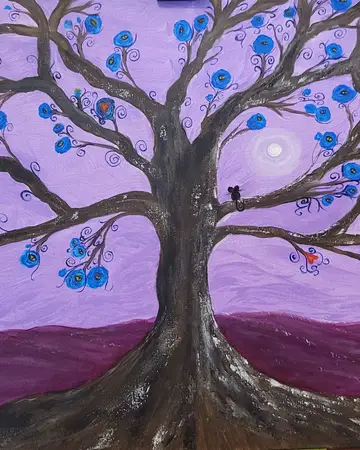 Acrylic painting of a blossoming tree against a purple dusk sky