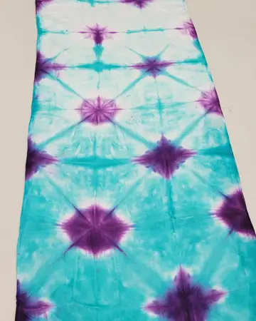 Hand-dyed silk scarf patterned in turquoise and violet