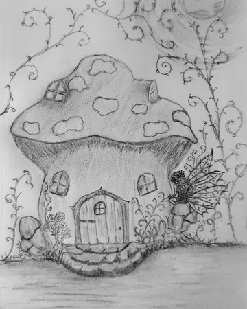 Graphite sketch of a toadstool fairy house with tiny windows